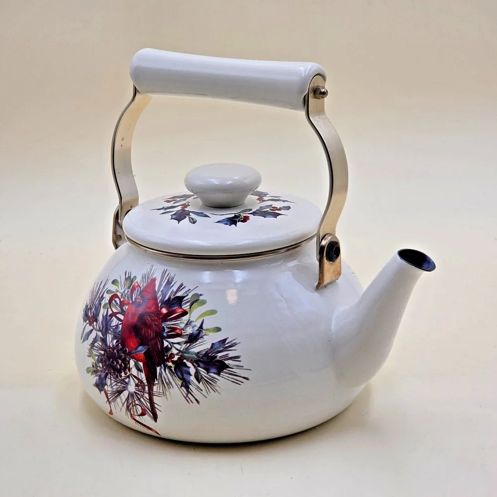 Lenox Winter Greetings Cardinal Enamel Tea Kettle 2.5 Qt Catherine McClung *RUST